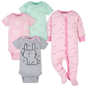 4-Piece Baby Girls Bunny Onesies® Bodysuits & Sleep 'N Play Set