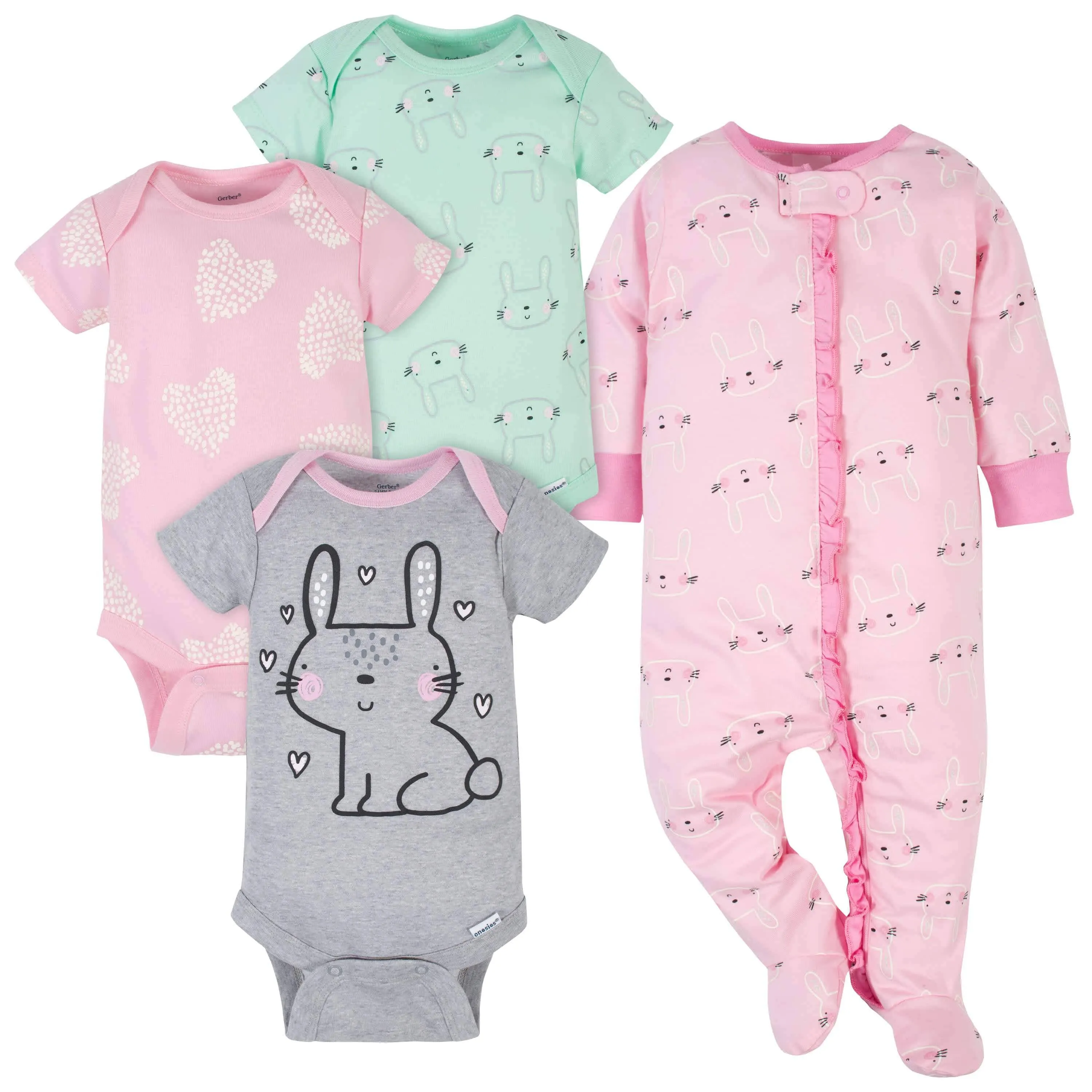 4-Piece Baby Girls Bunny Onesies® Bodysuits & Sleep 'N Play Set