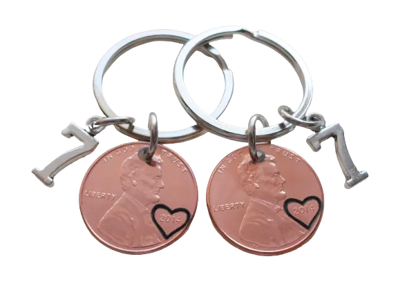 7 Year Anniversary Gift • Double Keychain Set 2017 Penny Keychains w/ Number 7 Charm by Jewelry Everyday