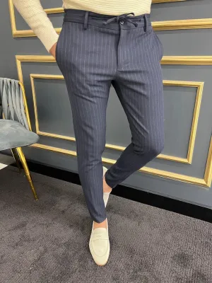 Avion Navy Blue Slim Fit Laced Striped Pants