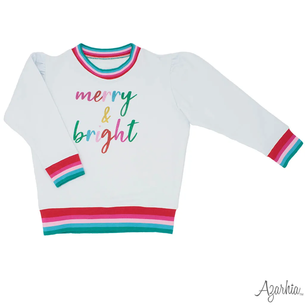Azarhia Christmas Holly Glitter Merry & Bright Sweatshirt - White