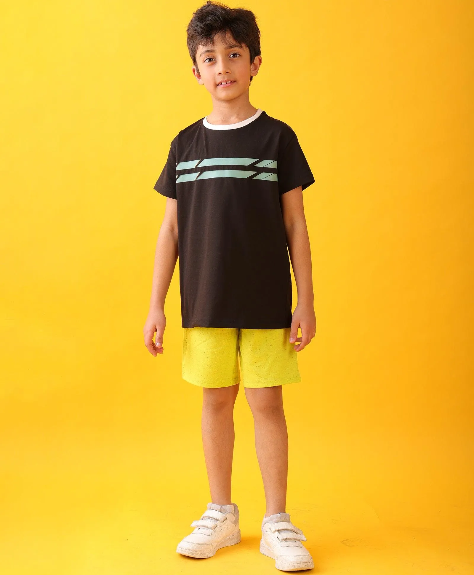BLACK ENGLAND STRIPED FUN LIME BOYS SHORTS SET - BLACK/LIME