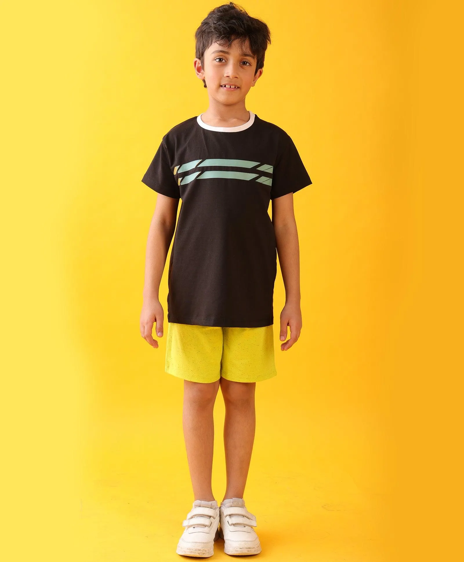 BLACK ENGLAND STRIPED FUN LIME BOYS SHORTS SET - BLACK/LIME