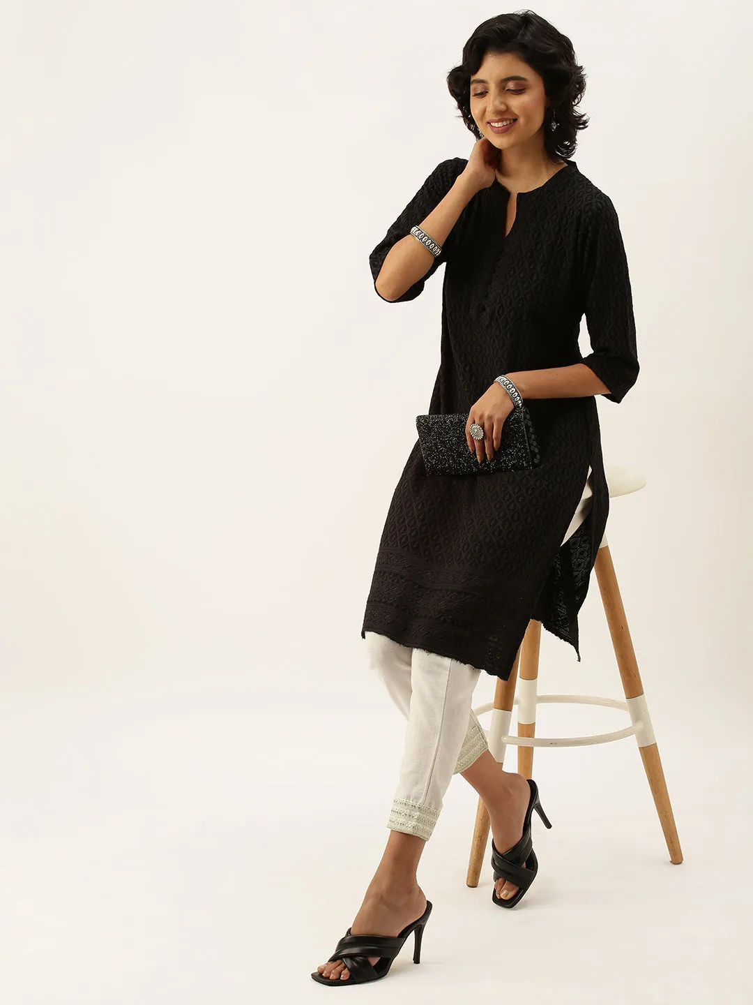 Black Rayon Band Collar 3/4th Sleeves Chikankari Embroidery Ethnic Wear Kurta For Women - ZOLA