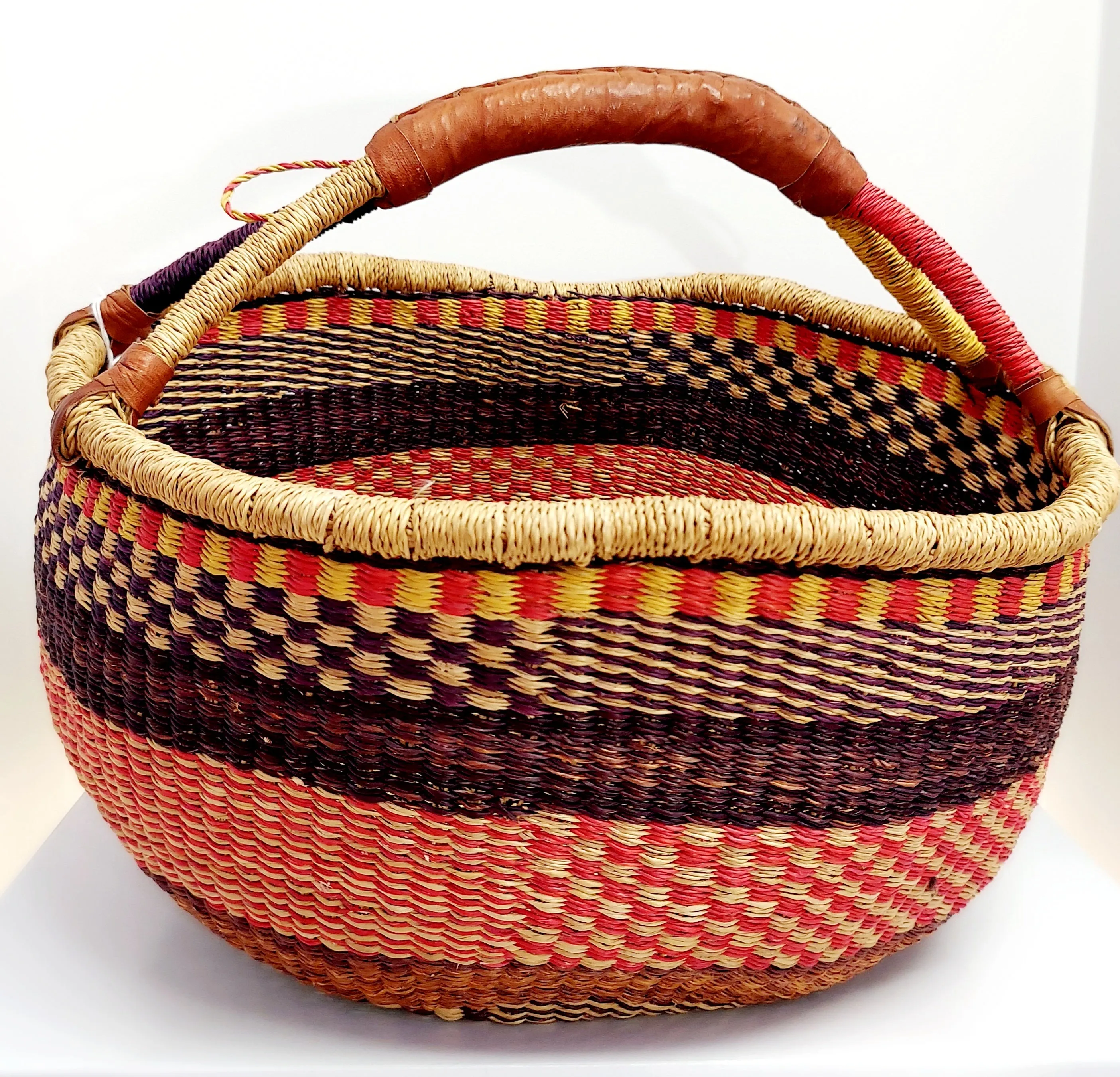 Bolga U-Shopper Market Basket | Leather Handle | Geri's Bluffing Boutique