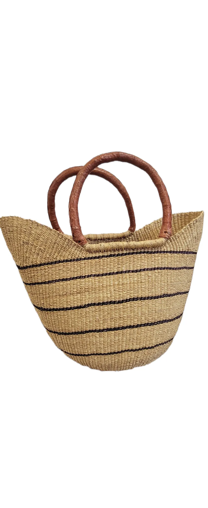 Bolga U-Shopper Market Basket | Leather Handle | Geri's Bluffing Boutique