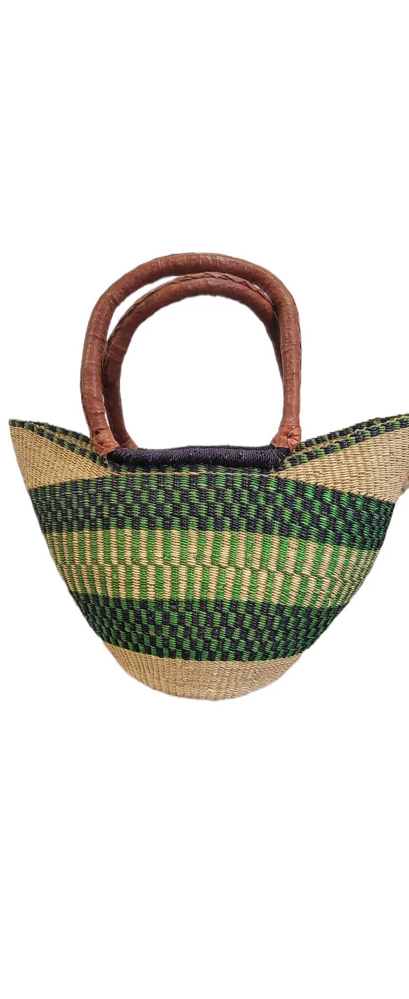 Bolga U-Shopper Market Basket | Leather Handle | Geri's Bluffing Boutique