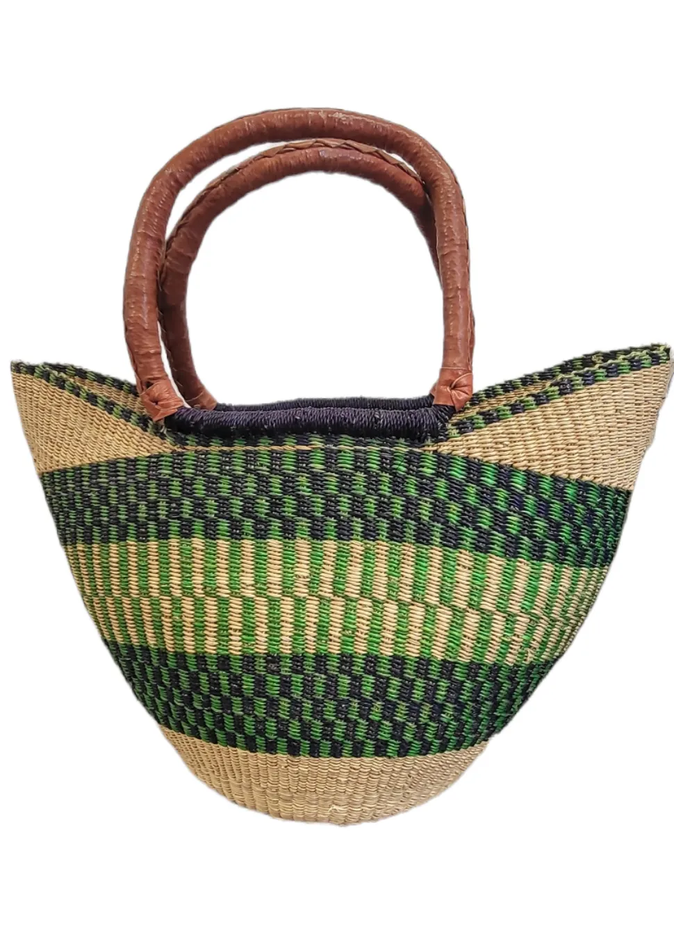 Bolga U-Shopper Market Basket | Leather Handle | Geri's Bluffing Boutique