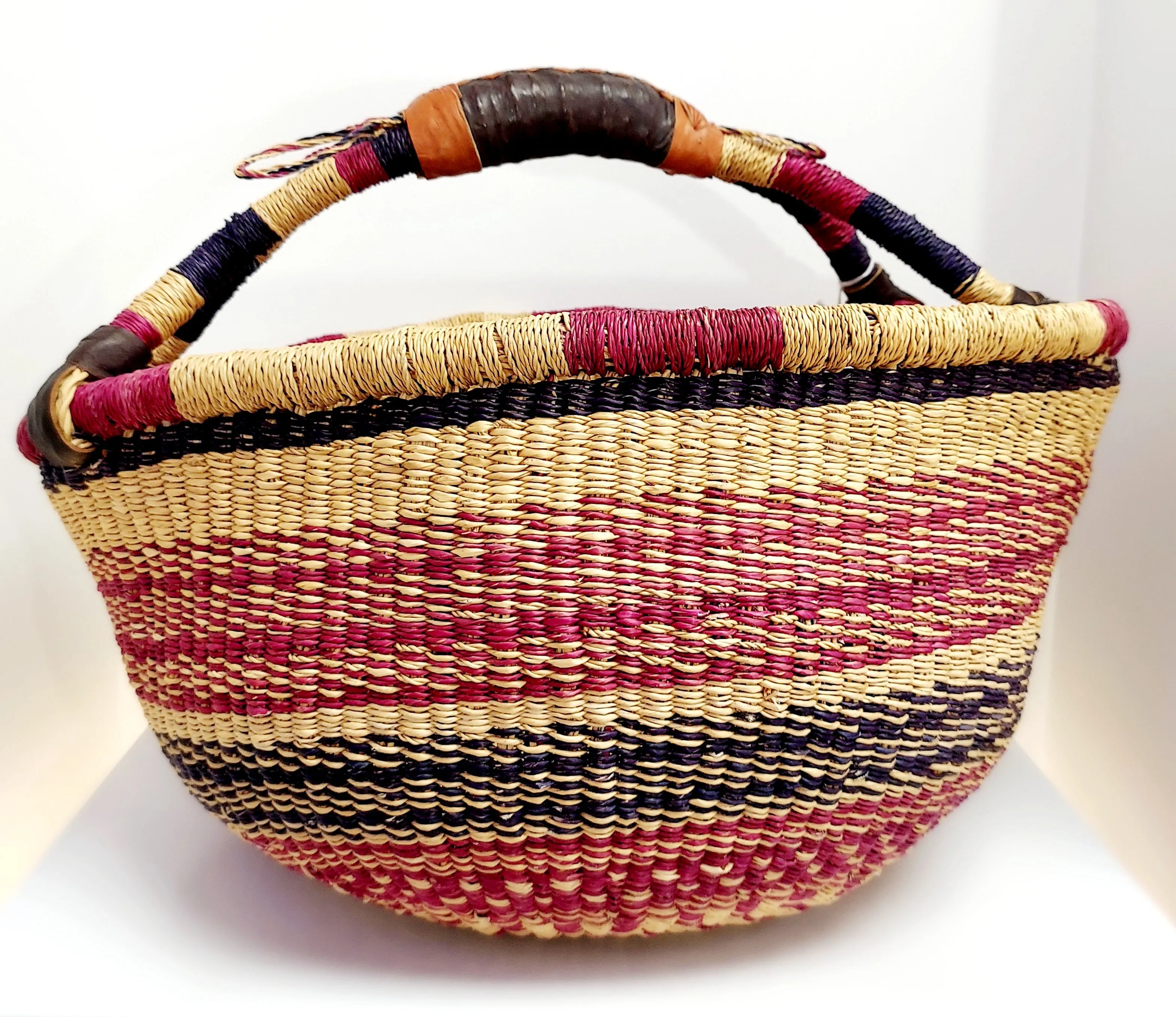 Bolga U-Shopper Market Basket | Leather Handle | Geri's Bluffing Boutique