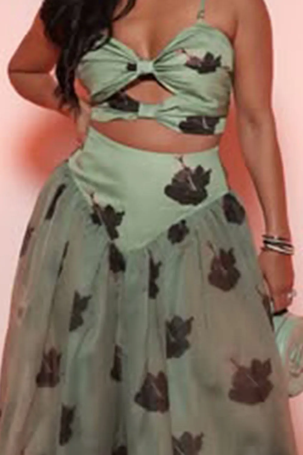 Bow Cutout Cami Top Print Mesh Wide Leg Pants 2pcs Set-Green [Pre Order]