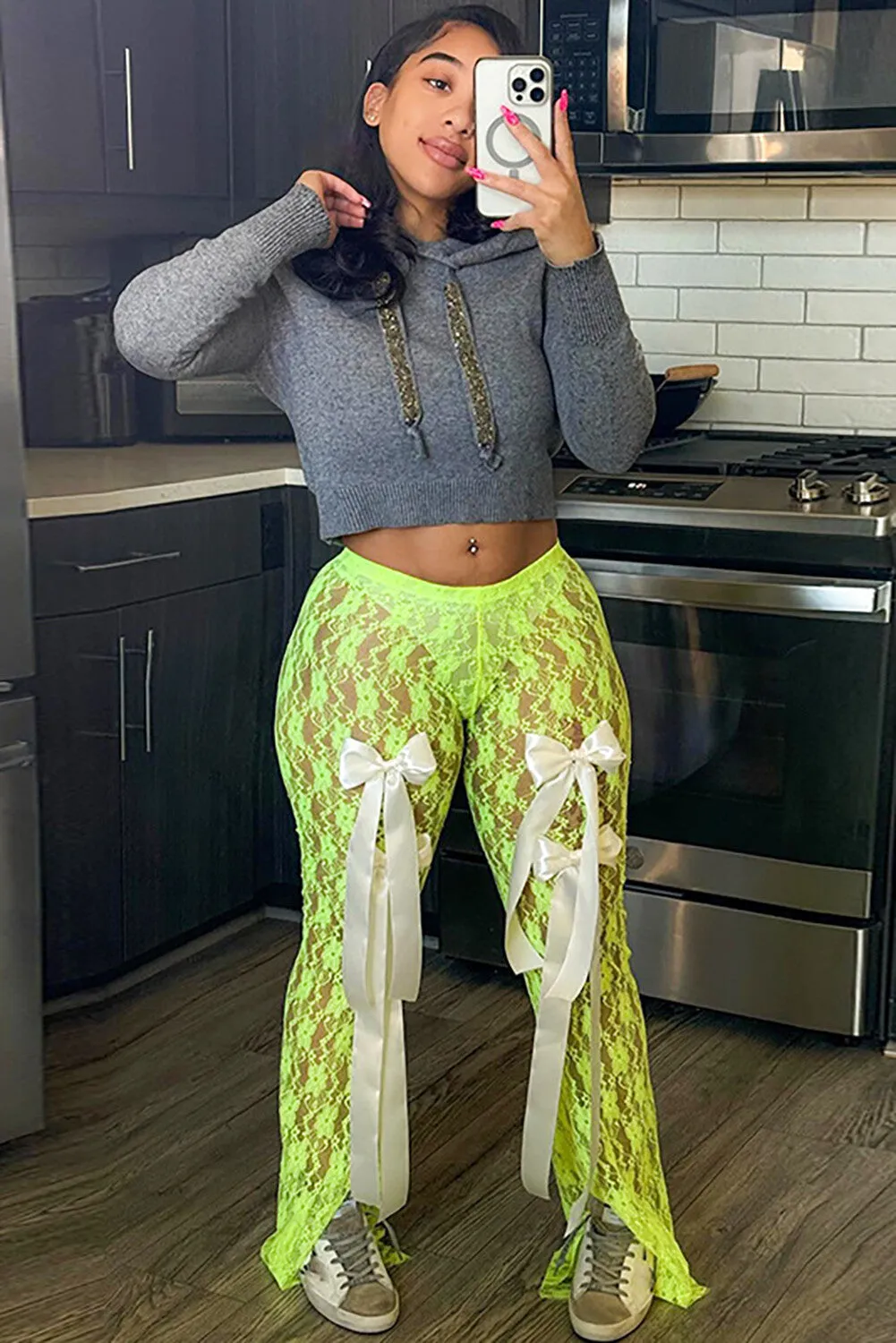 Bow Decor Jacquard Lace See Through Slit Pants-Green