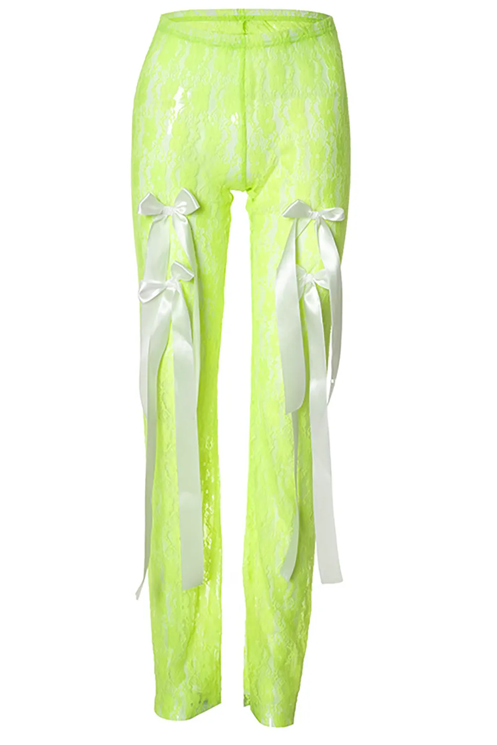 Bow Decor Jacquard Lace See Through Slit Pants-Green