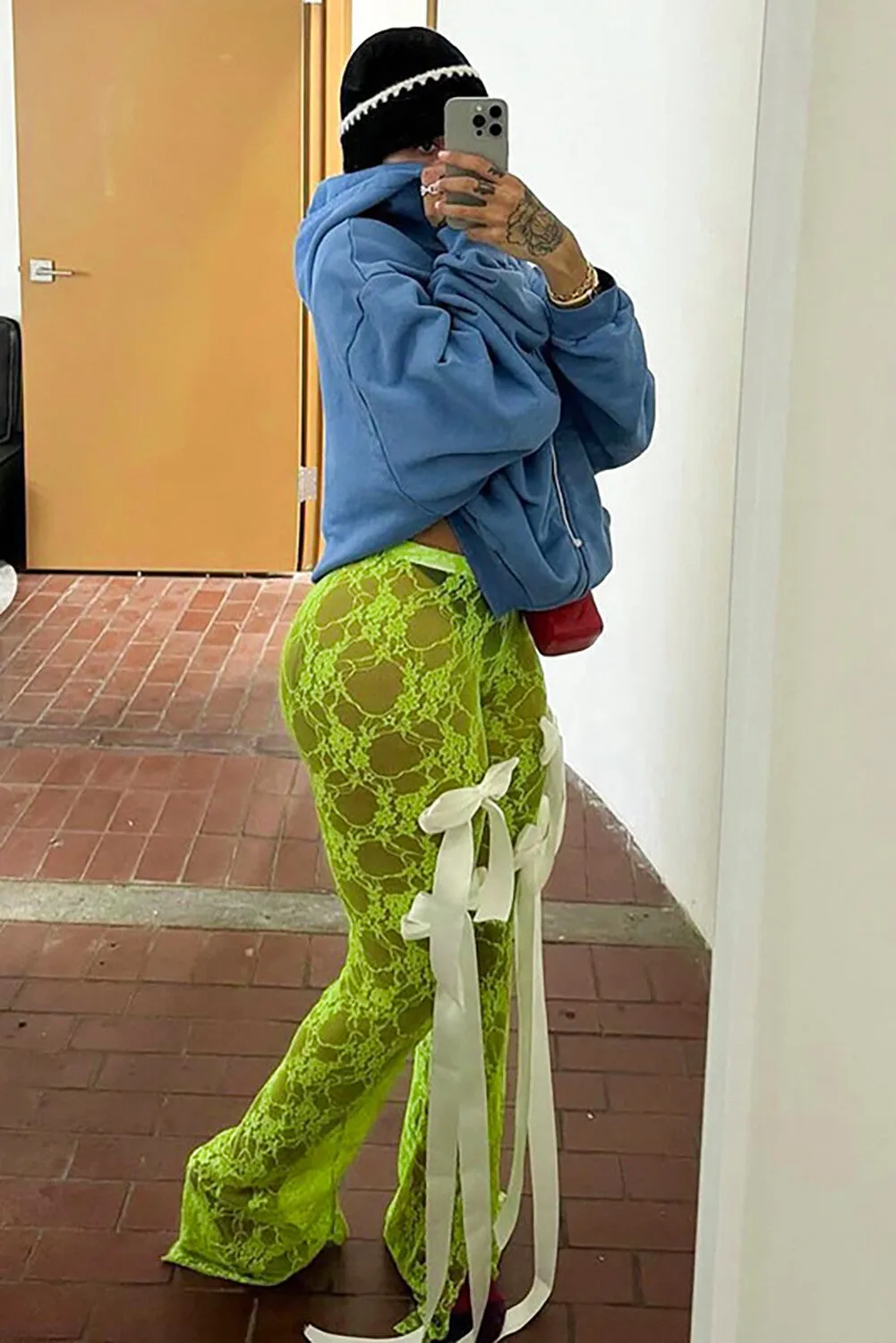 Bow Decor Jacquard Lace See Through Slit Pants-Green