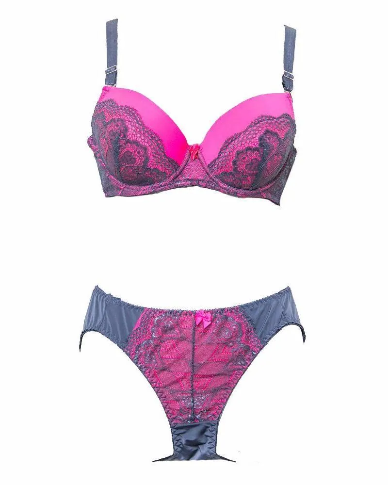 Bridal Bra Panty Sets - Single Padded - Wedding Undergarments - Grey & Pink