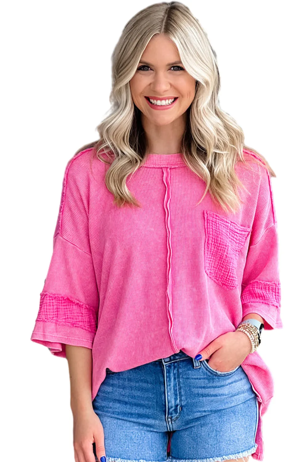 Bright Pink Crinkle Patchwork Corded Baggy Top