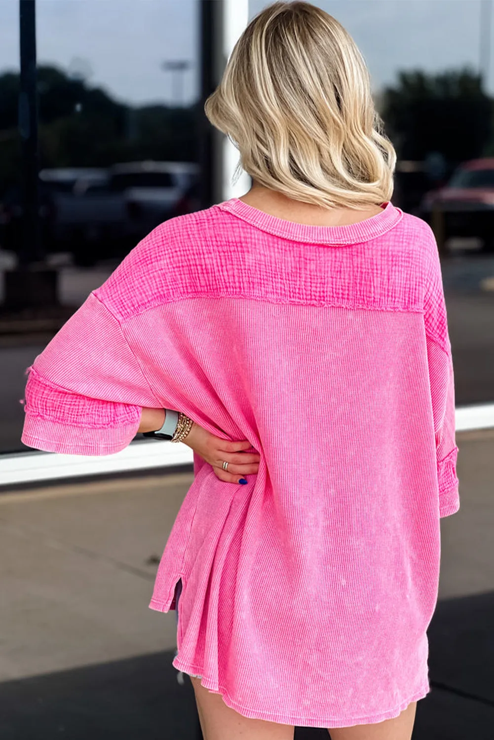 Bright Pink Crinkle Patchwork Corded Baggy Top