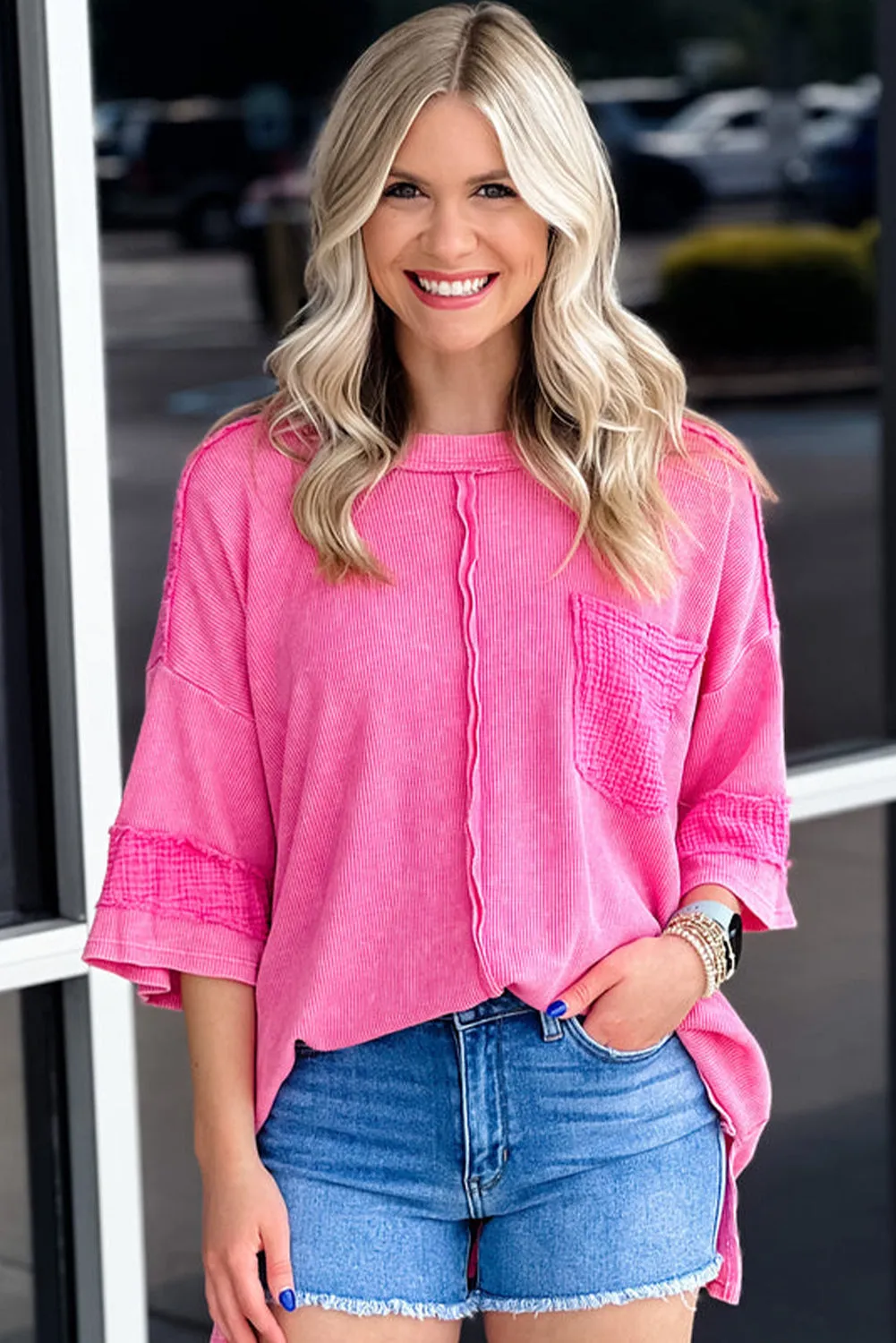 Bright Pink Crinkle Patchwork Corded Baggy Top