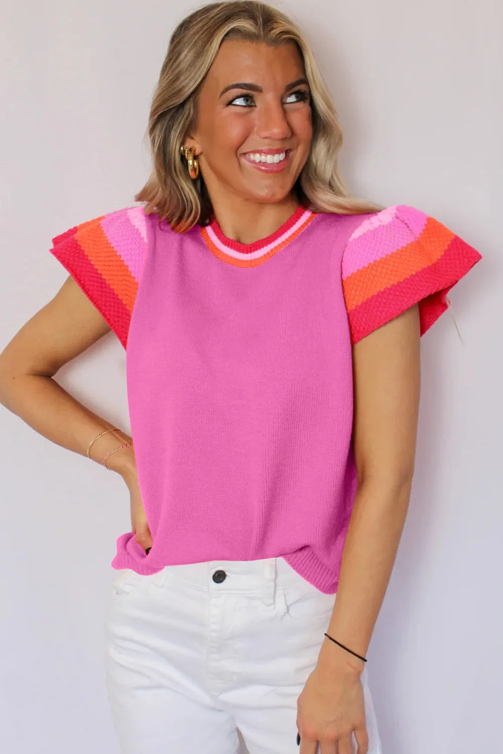 Bright Pink Knitted Contrast Sleeve Round Neck Tee