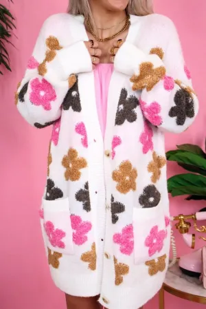 Bright White Flower Pattern Pocket Buttoned Cardigan