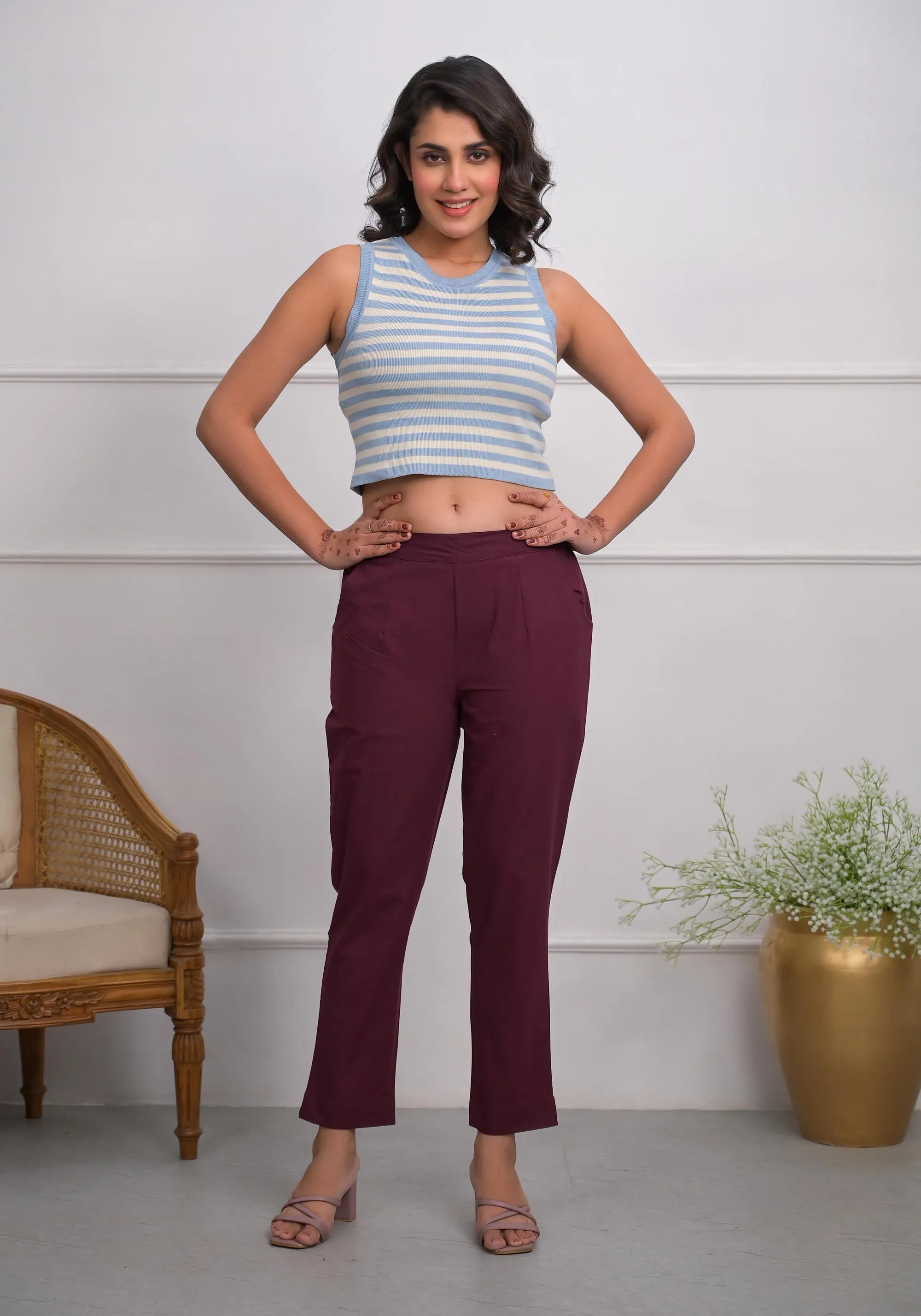 BURGUNDY Solid Cotton Pants With Partially Elasticated Waistband And Two Side Pockets