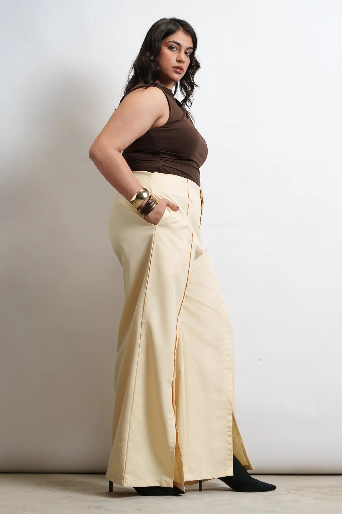 Butter Yellow Front Slit Curve Flared Korean Pants