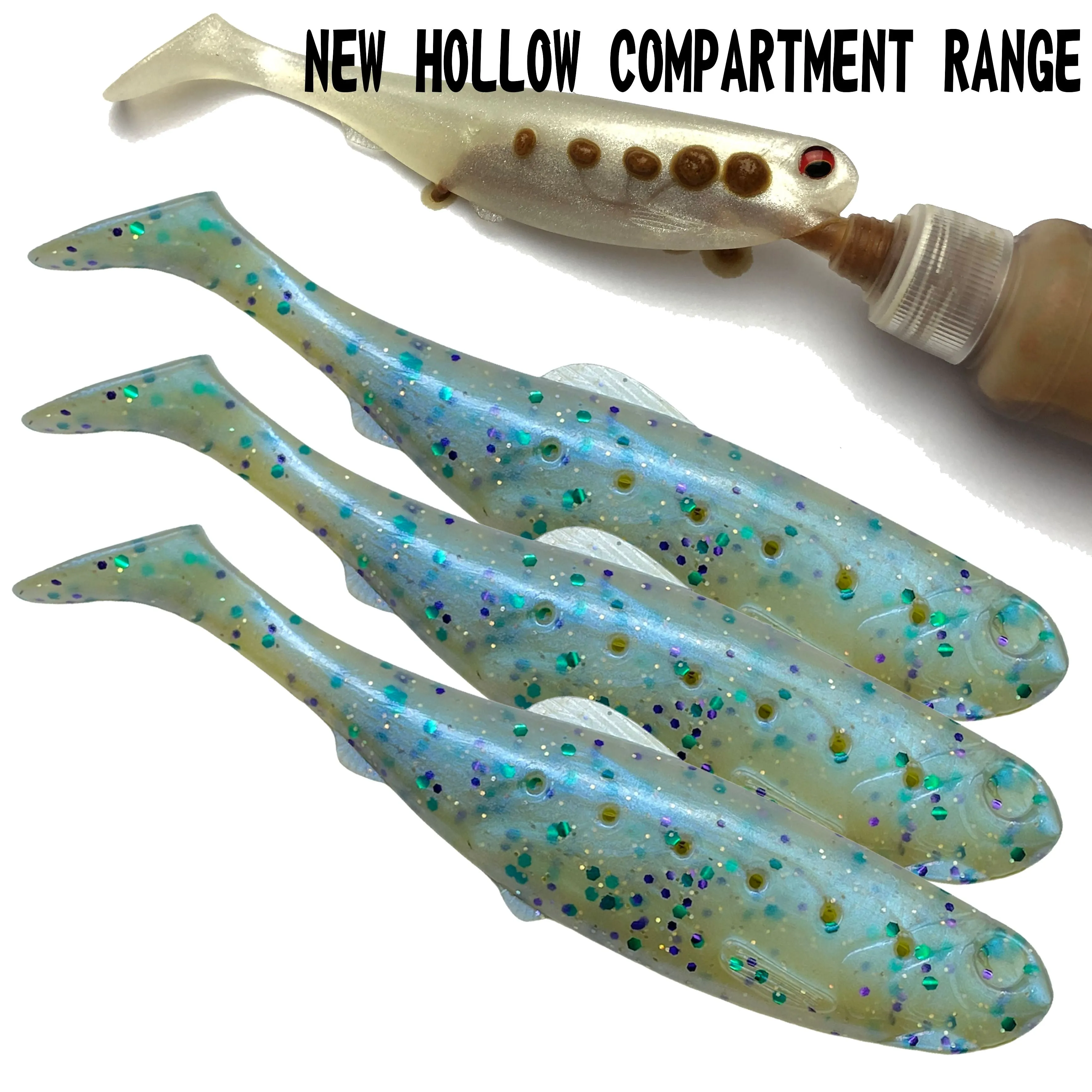 Chief light blue paddle tail soft plastic new hollow compartment pack of 3