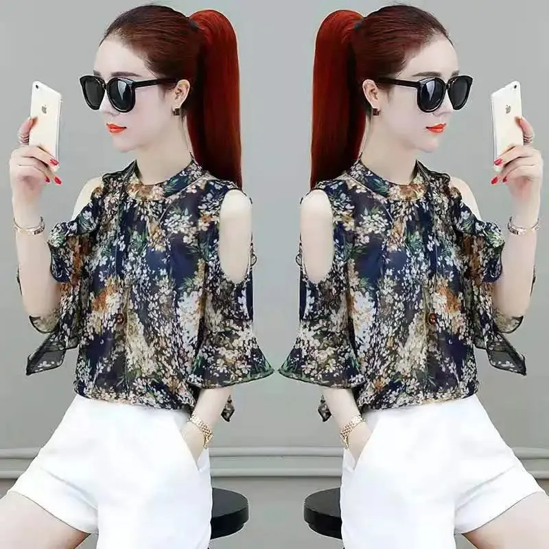 Chiffon Floral Prints Tops With Butterfly Sleeves