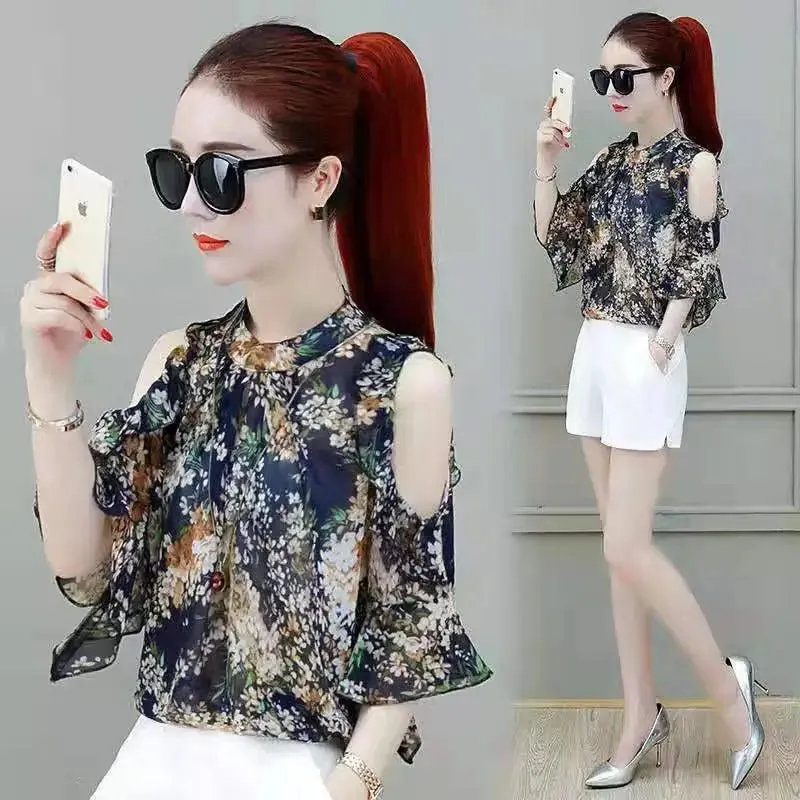 Chiffon Floral Prints Tops With Butterfly Sleeves