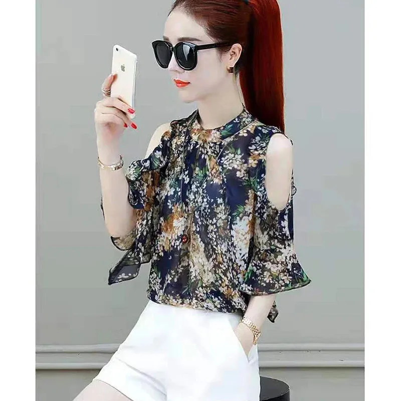 Chiffon Floral Prints Tops With Butterfly Sleeves