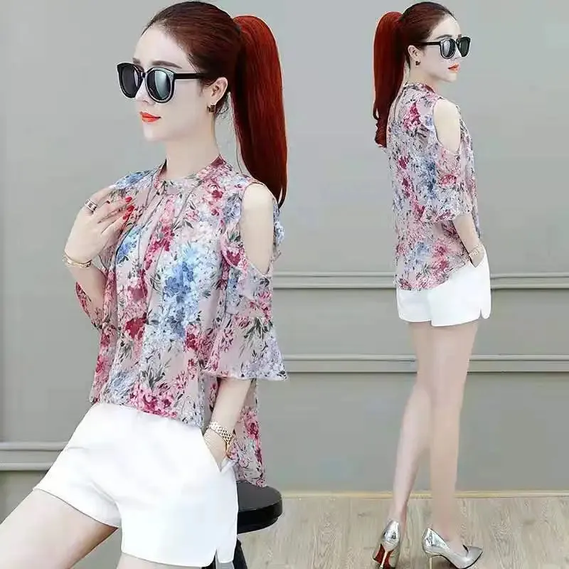 Chiffon Floral Prints Tops With Butterfly Sleeves