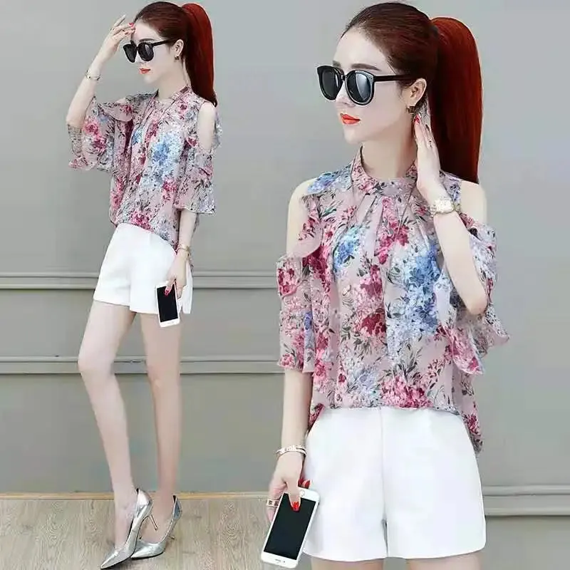 Chiffon Floral Prints Tops With Butterfly Sleeves