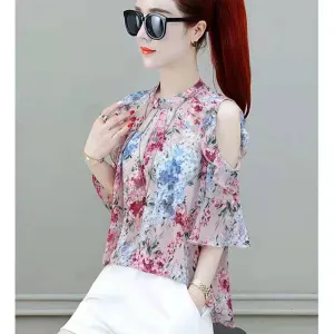 Chiffon Floral Prints Tops With Butterfly Sleeves
