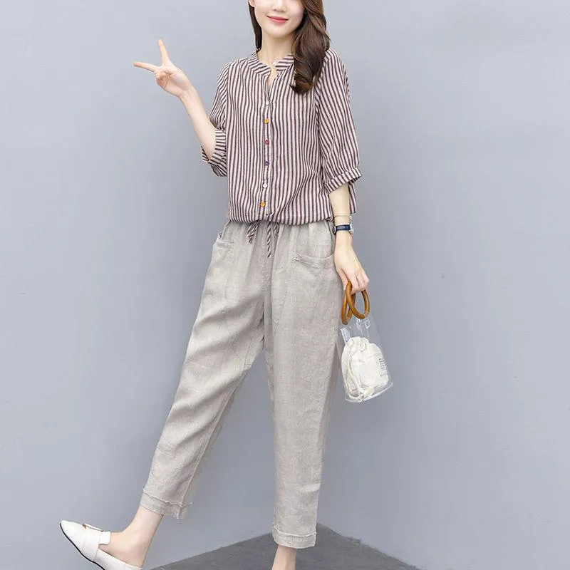 Cotton and Linen Suit Women's Striped Top Trousers Casual Two-piece Suit Pants Striped Shirt Elastic Waist Casual Pants Ladies Loose Casual Suit