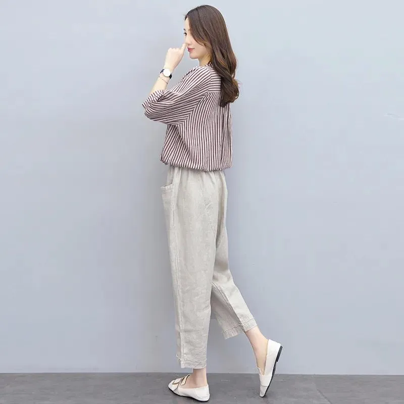 Cotton and Linen Suit Women's Striped Top Trousers Casual Two-piece Suit Pants Striped Shirt Elastic Waist Casual Pants Ladies Loose Casual Suit