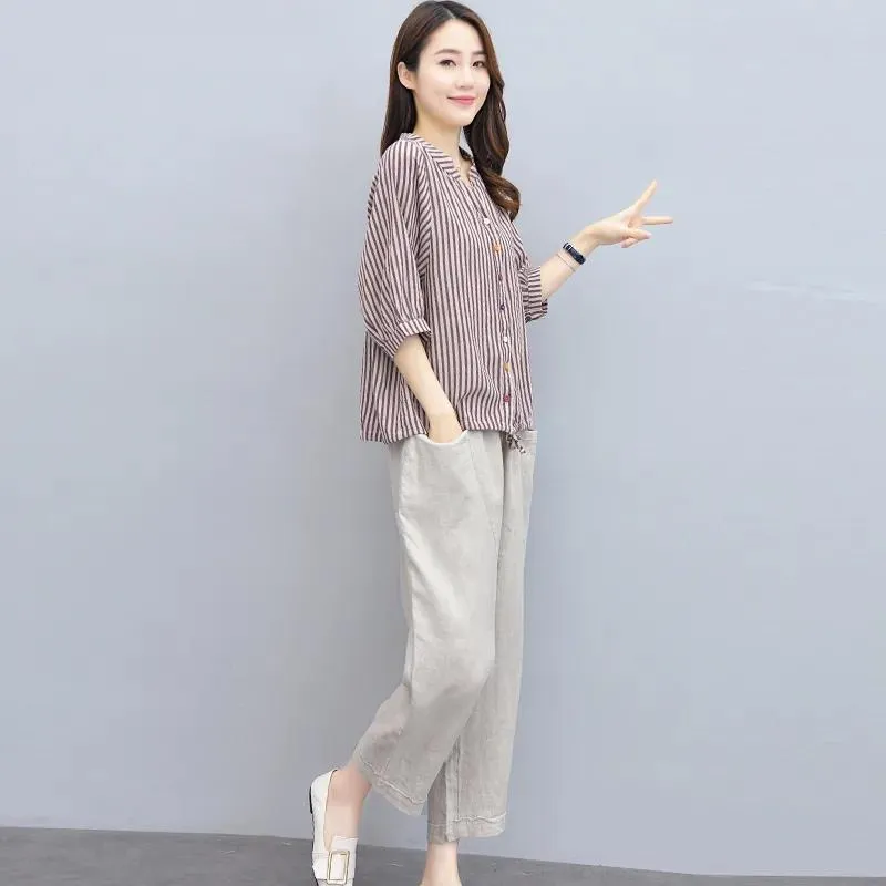 Cotton and Linen Suit Women's Striped Top Trousers Casual Two-piece Suit Pants Striped Shirt Elastic Waist Casual Pants Ladies Loose Casual Suit