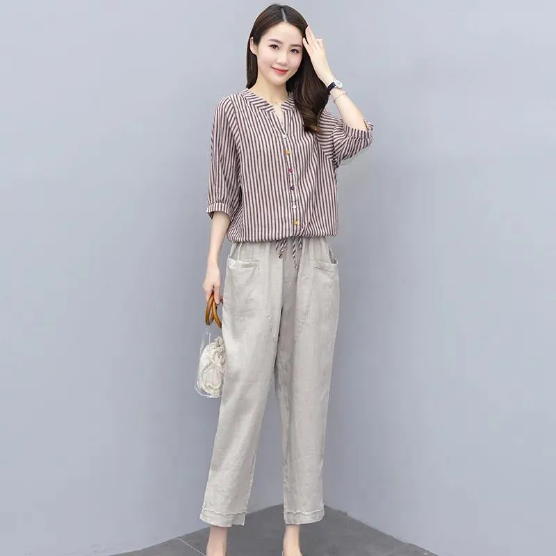 Cotton and Linen Suit Women's Striped Top Trousers Casual Two-piece Suit Pants Striped Shirt Elastic Waist Casual Pants Ladies Loose Casual Suit