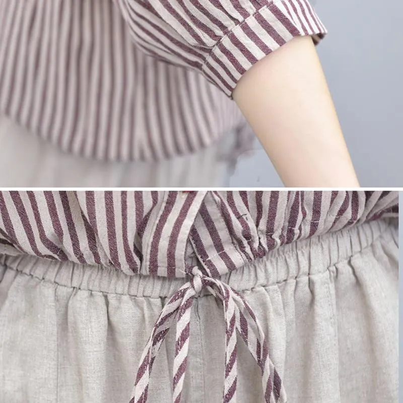 Cotton and Linen Suit Women's Striped Top Trousers Casual Two-piece Suit Pants Striped Shirt Elastic Waist Casual Pants Ladies Loose Casual Suit