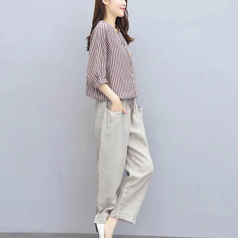 Cotton and Linen Suit Women's Striped Top Trousers Casual Two-piece Suit Pants Striped Shirt Elastic Waist Casual Pants Ladies Loose Casual Suit