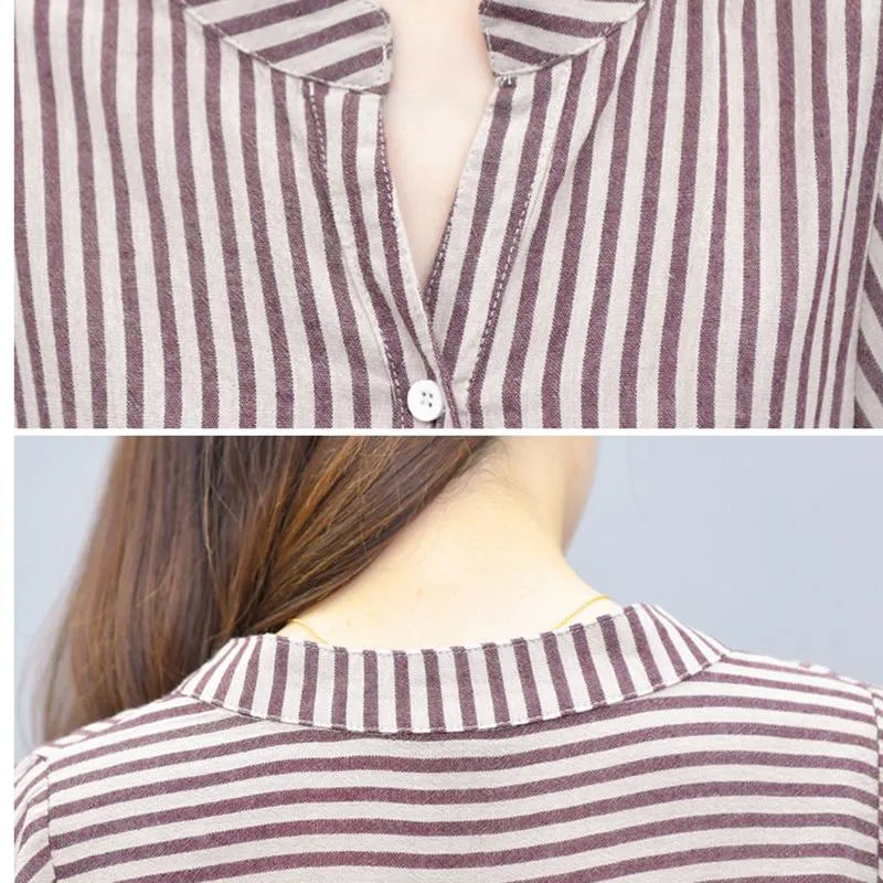 Cotton and Linen Suit Women's Striped Top Trousers Casual Two-piece Suit Pants Striped Shirt Elastic Waist Casual Pants Ladies Loose Casual Suit