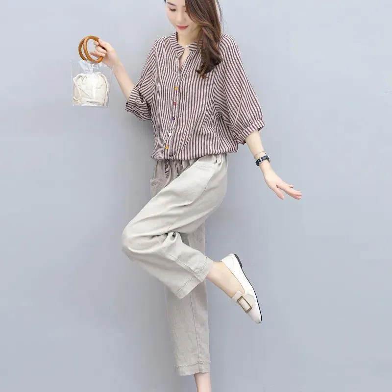 Cotton and Linen Suit Women's Striped Top Trousers Casual Two-piece Suit Pants Striped Shirt Elastic Waist Casual Pants Ladies Loose Casual Suit