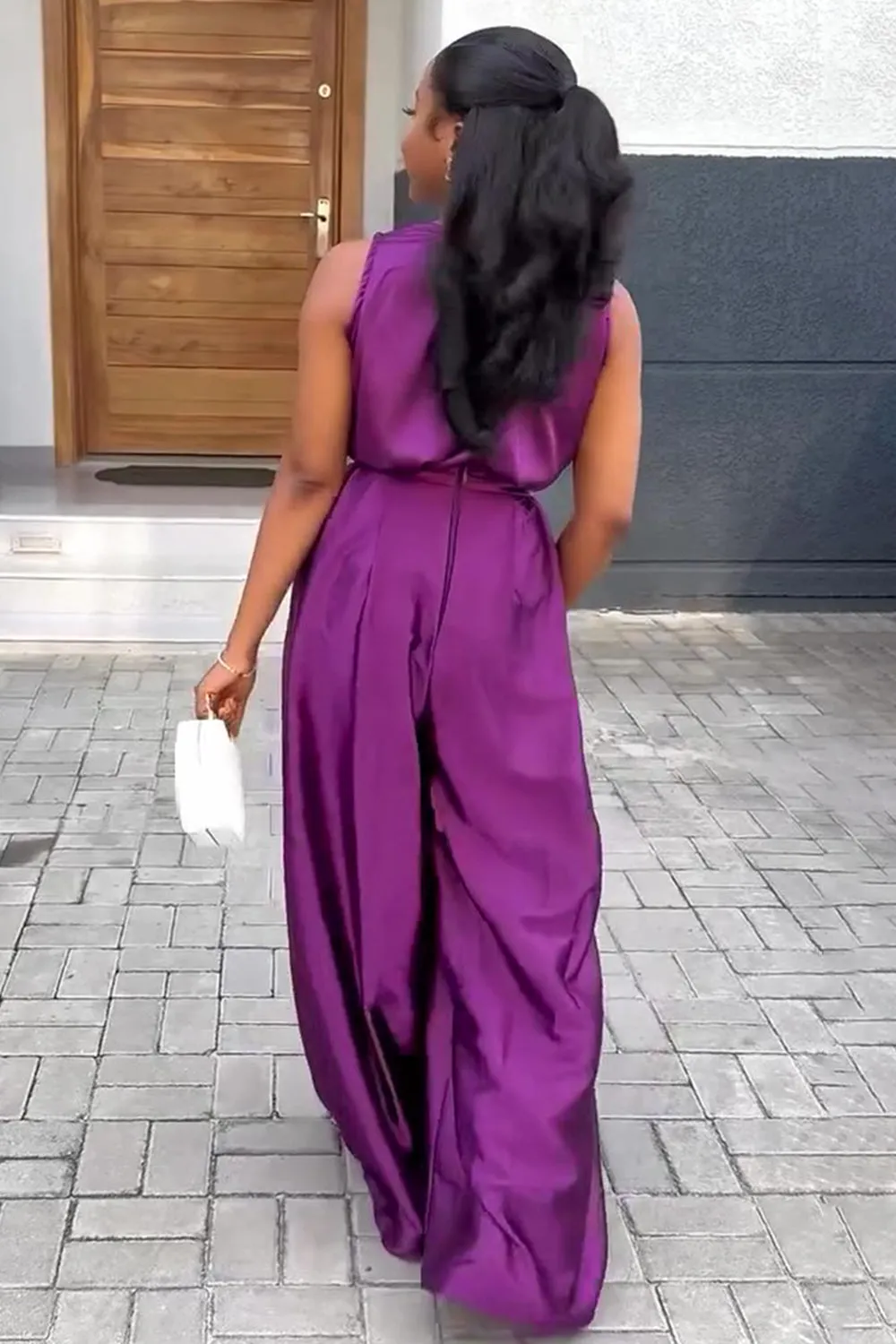 Cowl Neck Sleeveless Top Wide Leg Pants Solid 2pcs Set-Purple [Pre Order]