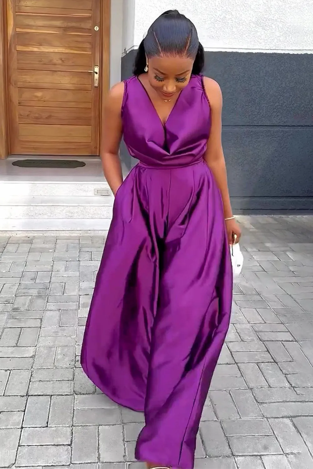 Cowl Neck Sleeveless Top Wide Leg Pants Solid 2pcs Set-Purple [Pre Order]