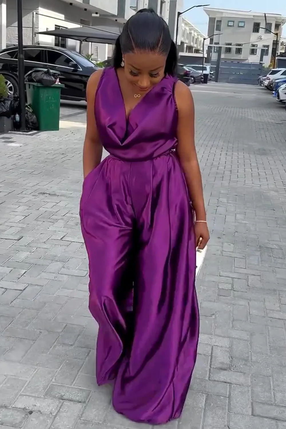 Cowl Neck Sleeveless Top Wide Leg Pants Solid 2pcs Set-Purple [Pre Order]