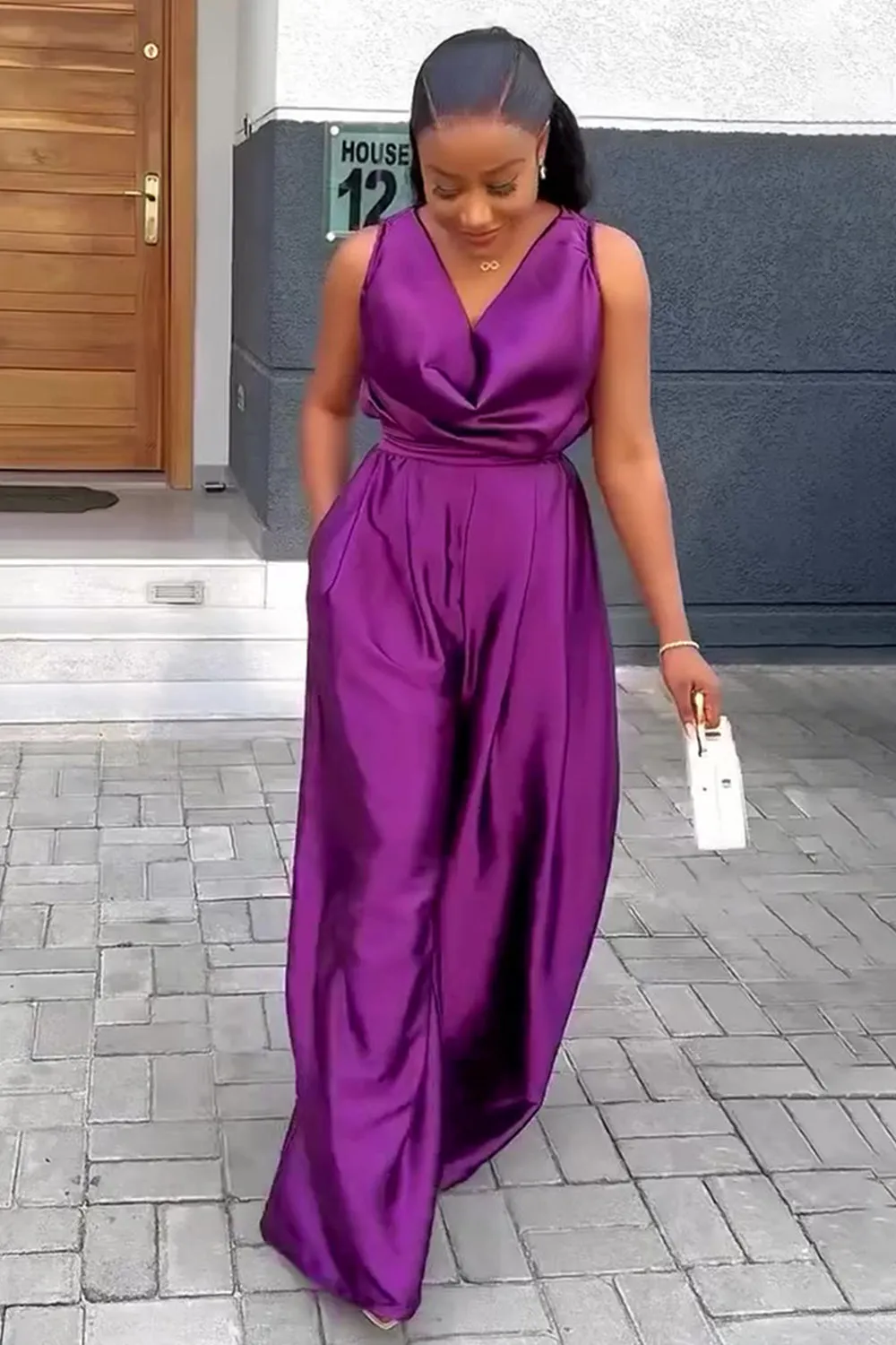 Cowl Neck Sleeveless Top Wide Leg Pants Solid 2pcs Set-Purple [Pre Order]