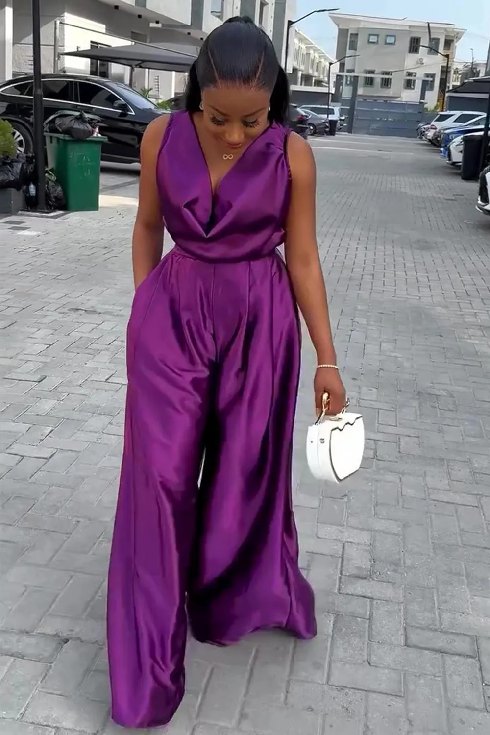 Cowl Neck Sleeveless Top Wide Leg Pants Solid 2pcs Set-Purple [Pre Order]