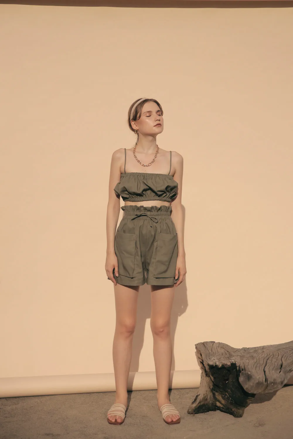 CRETE Gathered Crop Top (Olive Linen)