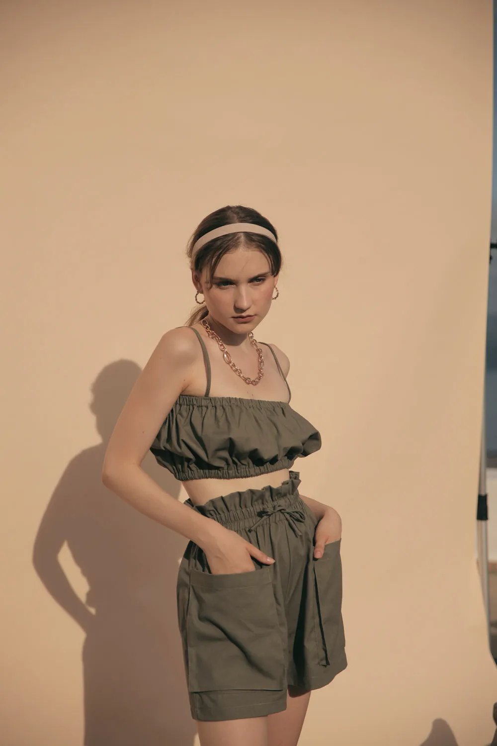 CRETE Gathered Crop Top (Olive Linen)