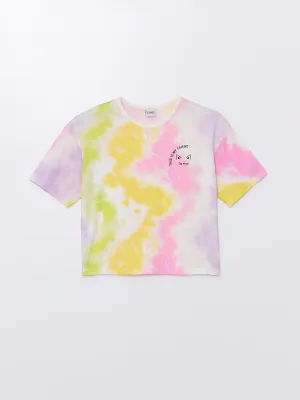 Crew Neck Batik Patterned Short Sleeve Girls Crop T-Shirt