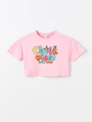 Crew Neck Printed Short Sleeve Girls Crop T-Shirt