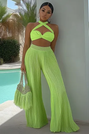 Cross Halter Twist Top Pleated Wide Leg Pants 2pcs Set-Green [Pre Order]